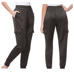 Good American black satin pull on cargo jogger pants